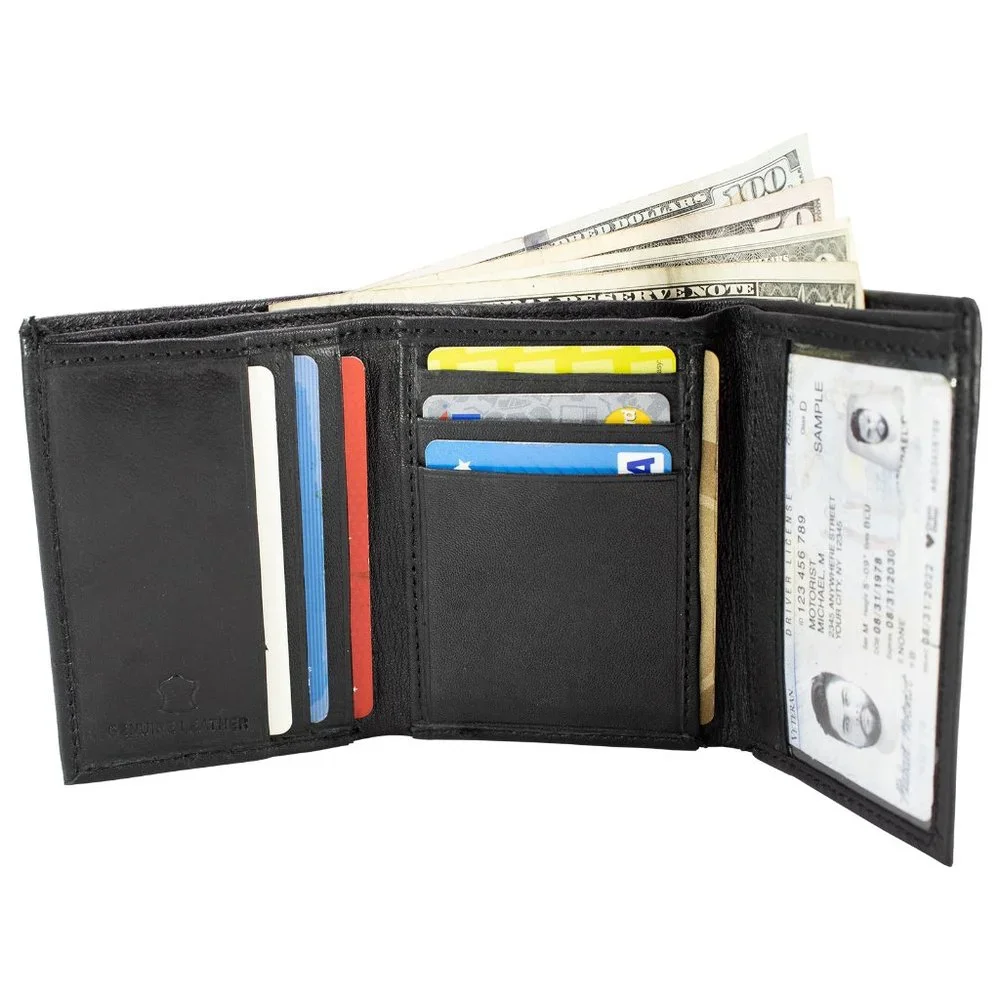 Men Black Lambskin Leather Trifold Wallet